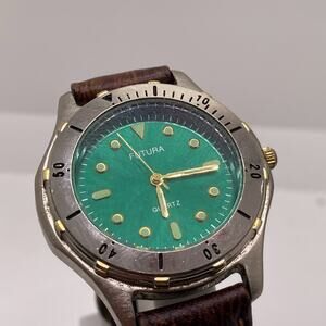 Futura Mens Green Dial Brown Leather Watch Works New Battery